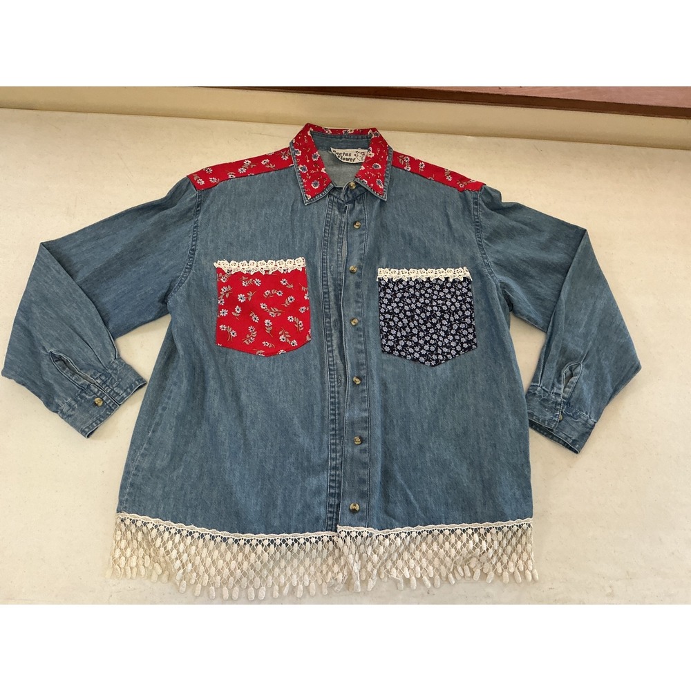 Cactus Flower Denim Floral Patchwork Lace Trim Button Down Shirt Womens Medium